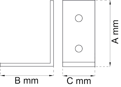 Diagram av en vinkelprofil med måtten A, B, och C markerade i millimeter och två hål på en sida.