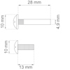 Diagram av ett metallfäste med mått: 28 mm lång, 10 mm huvuddiameter, 4,9 mm skaftdiameter och 13 mm gänglängd.