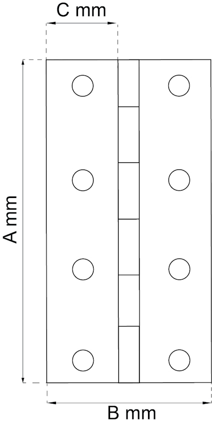 Diagram av en gångjärn med sex skruvhål, markerade mått A mm, B mm, C mm.