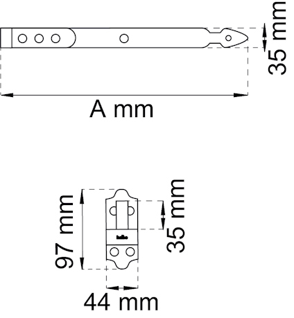 Ritning av gångjärn med dimensioner: 97 mm x 35 mm x 44 mm. A mm anges för längd med pilmarkeringar.