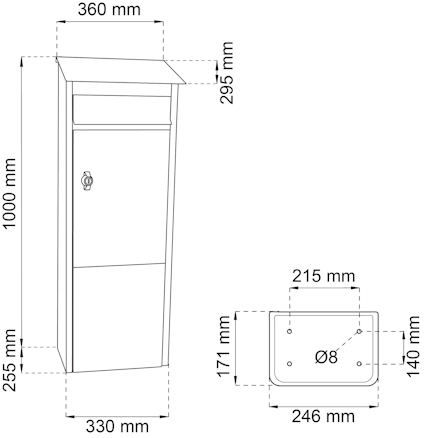 Vit postlåda med dimensioner: höjd 1000 mm, bredd 330 mm, djup 360 mm. Inklusive en sidovy av basplattan: 246 mm x 171 mm.