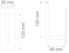 Ritning av en rektangulär fästanordning med måtten 120 mm höjd, 50 mm bredd och 60 mm djup.