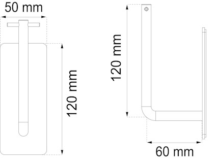 Ritning av en rektangulär fästanordning med måtten 120 mm höjd, 50 mm bredd och 60 mm djup.