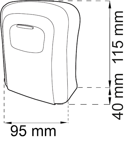Diagram som visar en väggmonterad enhet med måtten 95 mm x 115 mm x 40 mm.