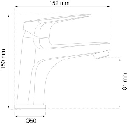 Ritning av en vattenkran med måtten 150 mm höjd, 152 mm längd, 81 mm pip, och basdiameter Ø50 mm.