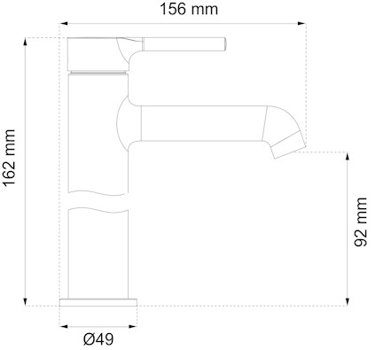 Ritning av en kran med måtten 156 mm bredd, 162 mm höjd och 92 mm piphöjd. Sockeldiameter Ø49 mm.
