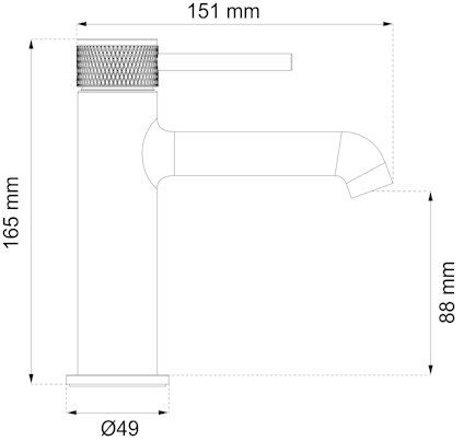 Ritning av en vattenkran med måtten 151 mm i längd, 165 mm i höjd och 88 mm i utloppshöjd. Basdiameter 49 mm.