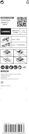 Bosch Expert-förpackning för sågblad, visar specifikationer: 240x23x10 mm, min. 18V, min. 1100W. Made in China.