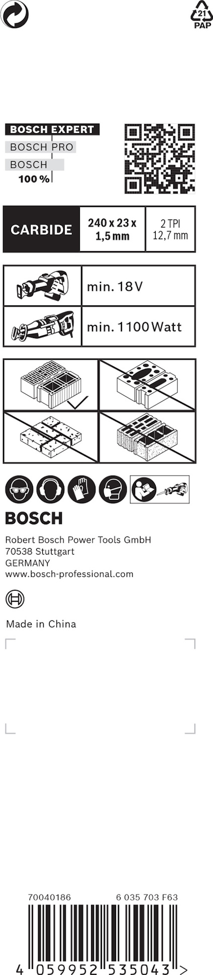 Bosch Expert-förpackning för sågblad, visar specifikationer: 240x23x10 mm, min. 18V, min. 1100W. Made in China.
