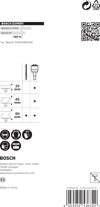 Förpackningsinformation för Bosch borrl, längder: 100 mm, 45 mm, 25 mm, 60 mm. Tillverkad i Kina.
