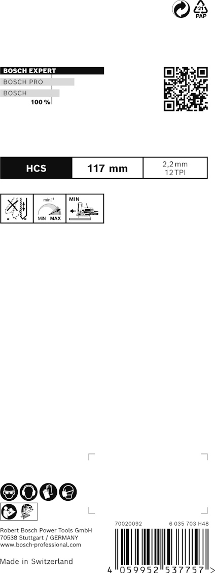 Förpackning för Bosch Expert sågblad, 117 mm, med symboler och streckkod.