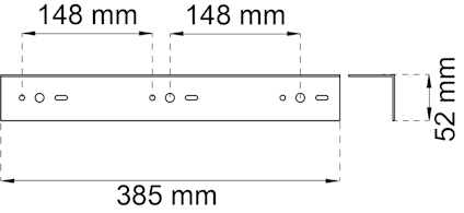 Ritning av metallprofil med mått: bredd 385 mm, höjd 52 mm. Tre grupper av hål, 148 mm avstånd mellan dem.