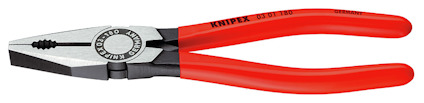 Kraftiga kombinationstänger med röda handtag och metalliska käftar, märkt "KNIPEX 03 01 180 GERMANY".