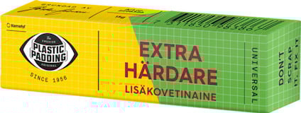 Förpackning av Plastic Padding extra härdare med text på svenska och finska.