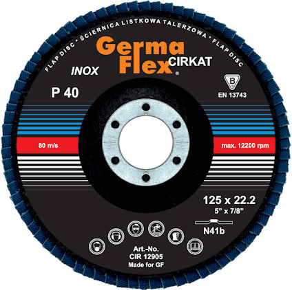 Lamellrondell med blå lameller och svart mitt, märkt "Germa Flex CIRKAT" och specifikationer som 125x22,2, P40, max 12200 rpm.