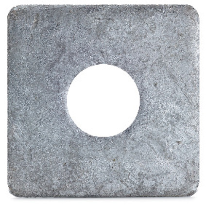 Kvadratisk metallbricka med rund mittöppning och något ojämn yta.
