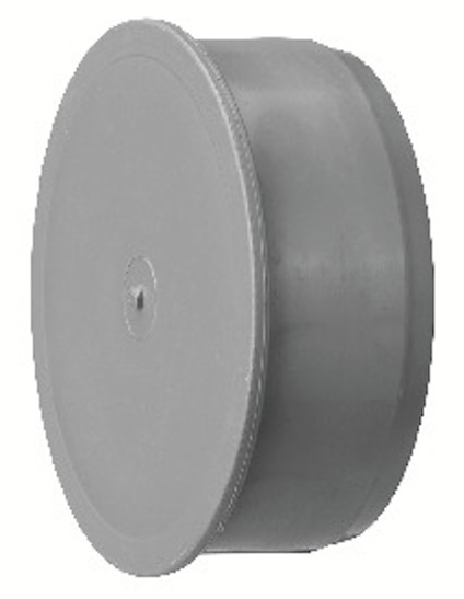 Grå cirkulär plastpropp med platt ovansida och smala kanter.