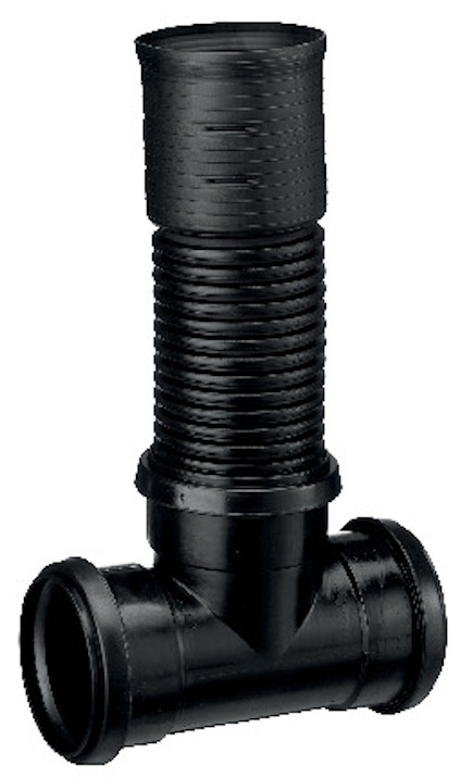 Svart, T-format flexibelt dräneringsrör med tre öppningar och korrugerad struktur.