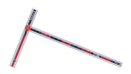 Byggverktyg med röd mittdel och måttskala i centimeter längs svarta och vita armar.
