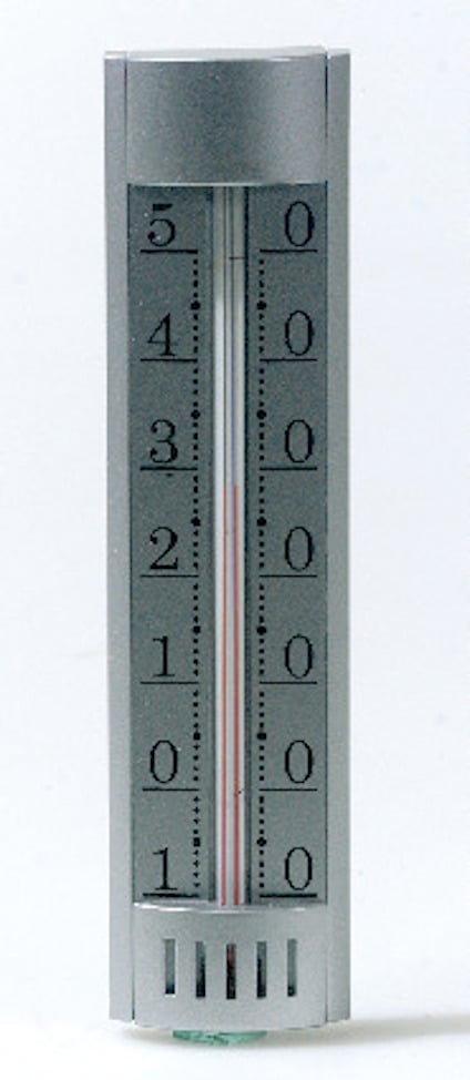 Silverfärgad termometer med graderingsskala från -50 till 50.