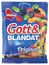 Förpackning av Malaco Gott&Blandat Original med färgglada smågodisar mot en blå bakgrund.