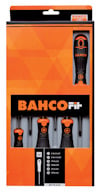 Förpackning med Bahco skruvmejselsats, 6 delar, i svart och orange.