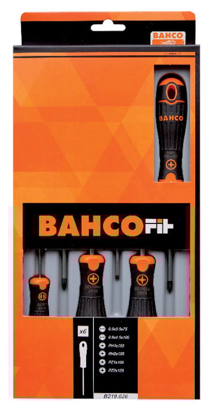 Förpackning med Bahco skruvmejselsats, 6 delar, i svart och orange.