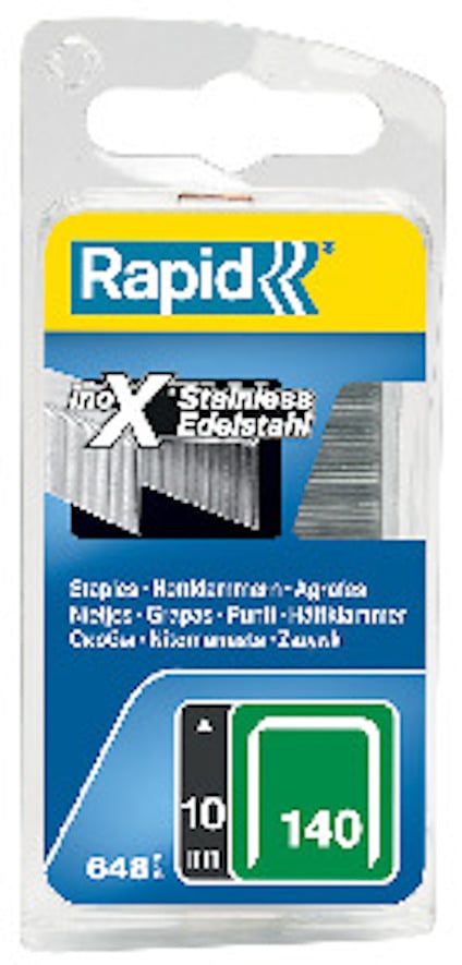 Förpackning med häftklamrar i rostfritt stål, märkta med "Rapid inox 140" och diverse språk.