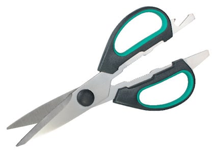 En hushållssax med rostfria blad och svart-gröna handtag, delvis öppen.