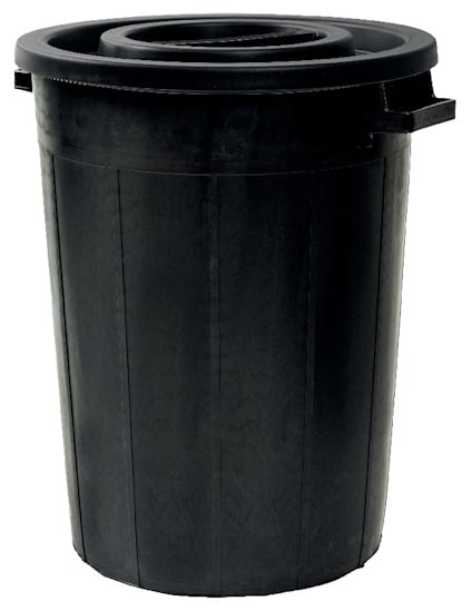 Svart plasttunna med lock och två handtag på sidorna.
