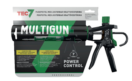 Fogpistol med svart och grön design, märkt "MULTIGUN" och "POWER CONTROL", förpackad i kartong med informationsetiketter.