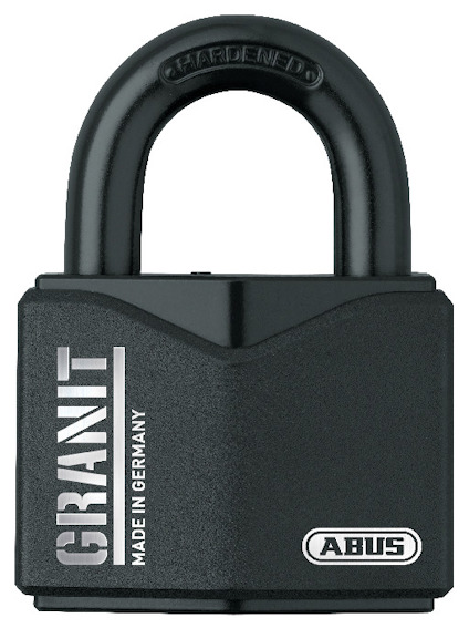 Svart hänglås med texten "GRANIT" och "ABUS"; överdelen av bygeln har texten "HARDENED".