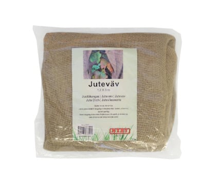 Förpackning med naturfärgad juteväv, etikett med texten "Juteväv" och bilder av löv visas.