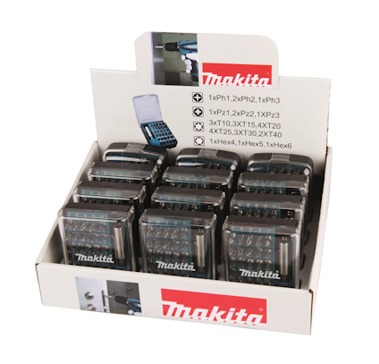 Display med tio plastlådor innehållande blandade skruvbits, varumärke Makita.