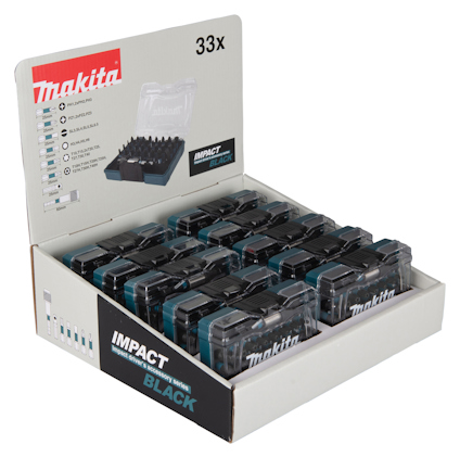 Makita Impact Black bitsatsdisplay med 33 bitar i genomskinliga behållare.