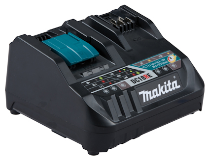 Makita batteriladdare med två laddningsfack, modell DC18RE.