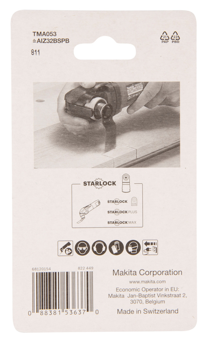 Förpackning med verktygstillbehör från Makita Corporation, modell TMA053, kompatibla med Starlock, Starlock Plus, Starlock Max.