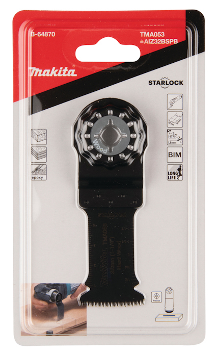 Förpackning med Makita Starlock sågblad TMA053.