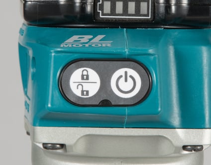 Blå och grå multifräs med texten "BL MOTOR" och symboler för lås och strömbrytare.