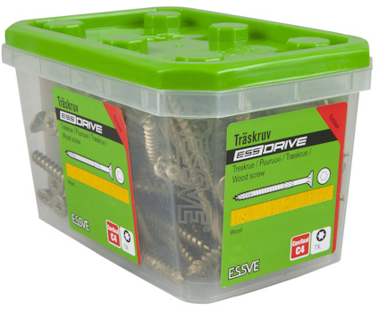 Plastlåda med träskruvar, grön lock. Text: "Träskruv ESSDRIVE Wood screw Wood Corall C4 TX".