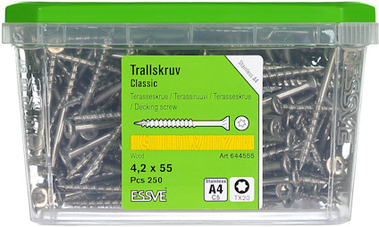 Trallskruvar i genomskinlig plastlåda med grön lock, etikett visar "Trallskruv Classic", 4,2 x 55, 250 stycken.