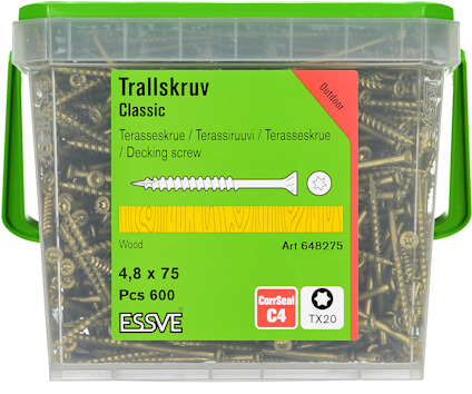 Plastlåda med trallskruv, Terrasseskruv Classic, 4,8x75 mm, 600 st, från ESSVE, art 648275.
