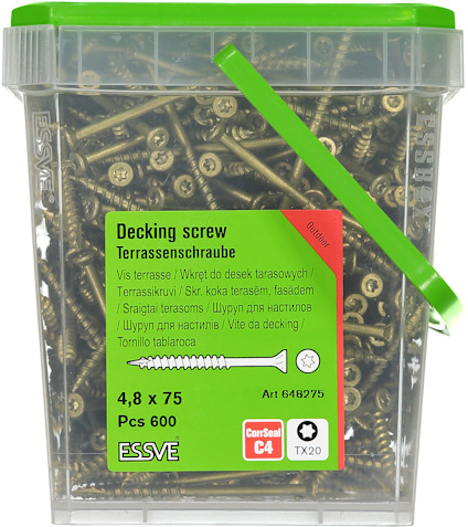 Förpackning med terrasskruvar av märket ESSVE, specifikation 4,8 x 75, 600 st, art nr 648275.