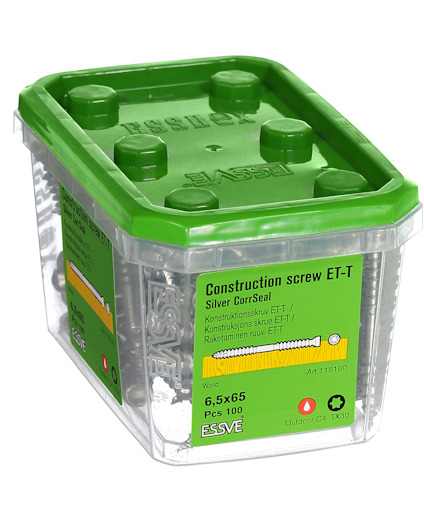 Plastlåda med grönt lock innehållande "Construction screw ET-T" från Essve, 6,5x65 mm, 100 st.