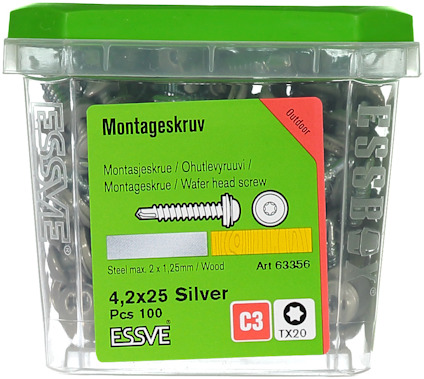 Förpackning med ESSVE montageskruv 4,2x25 silver, 100 st, C3 klass, art.nr 63356.