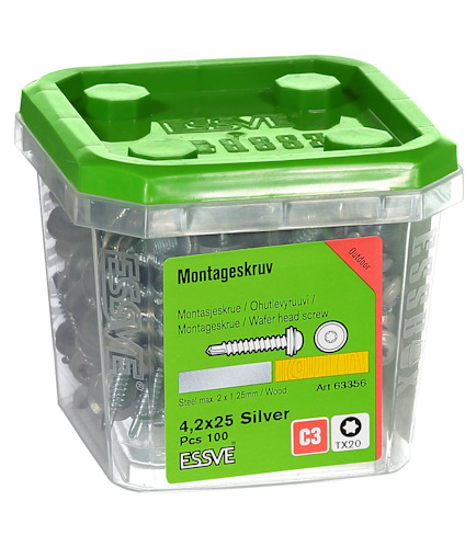 Plastförpackning med monteringsskruv, ESSVE, 4,2x25 mm, silver, 100 st, TX20 stjärnskruv.