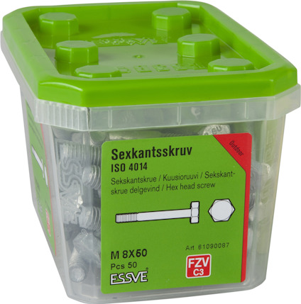 Sexkantsskruv ISO 4014, M 8X50, Essve, 50 st i plastförpackning med grönt lock.