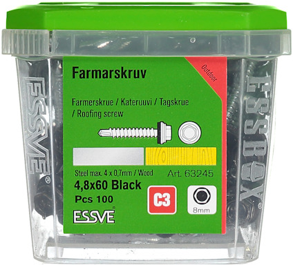 Förpackning med farmerskruv 4,8x60mm, svart, 100 st, Essve. Art. 63245.