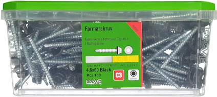 Plastlåda med farmarskruvar, märkning: "4.8x60 Black, 100 st, Art. 69425, ESSVE".