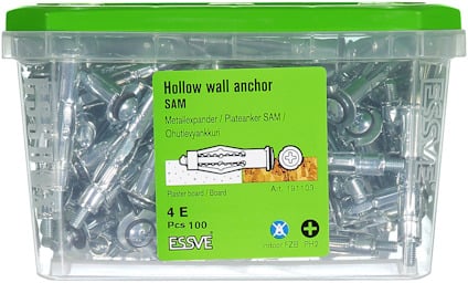 Förpackning med 100 hålrumsexpanders från ESSVE, märkt "Hollow wall anchor SAM".
